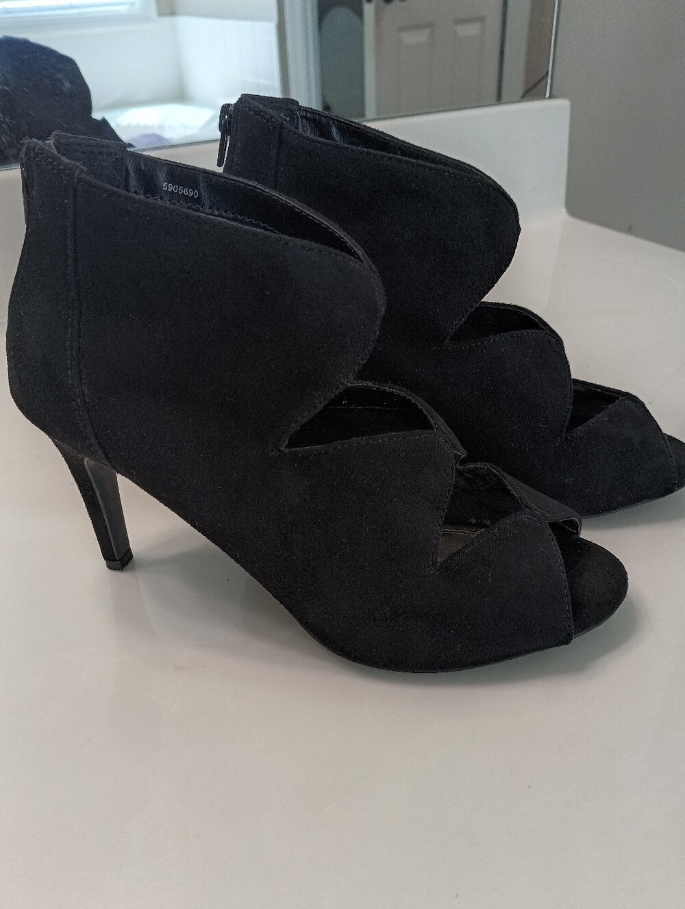 IMPO Black Faux Suede Peep Toe Cutout Booties | Back Zip | Size 6.5M